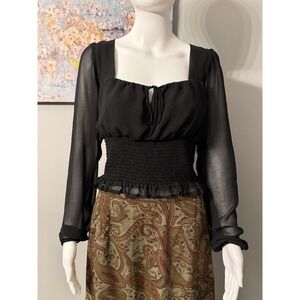 Fairycore Boho Nine Britton Black Sheer Long Sleeve Blouse Whimsical Goth M Pet.